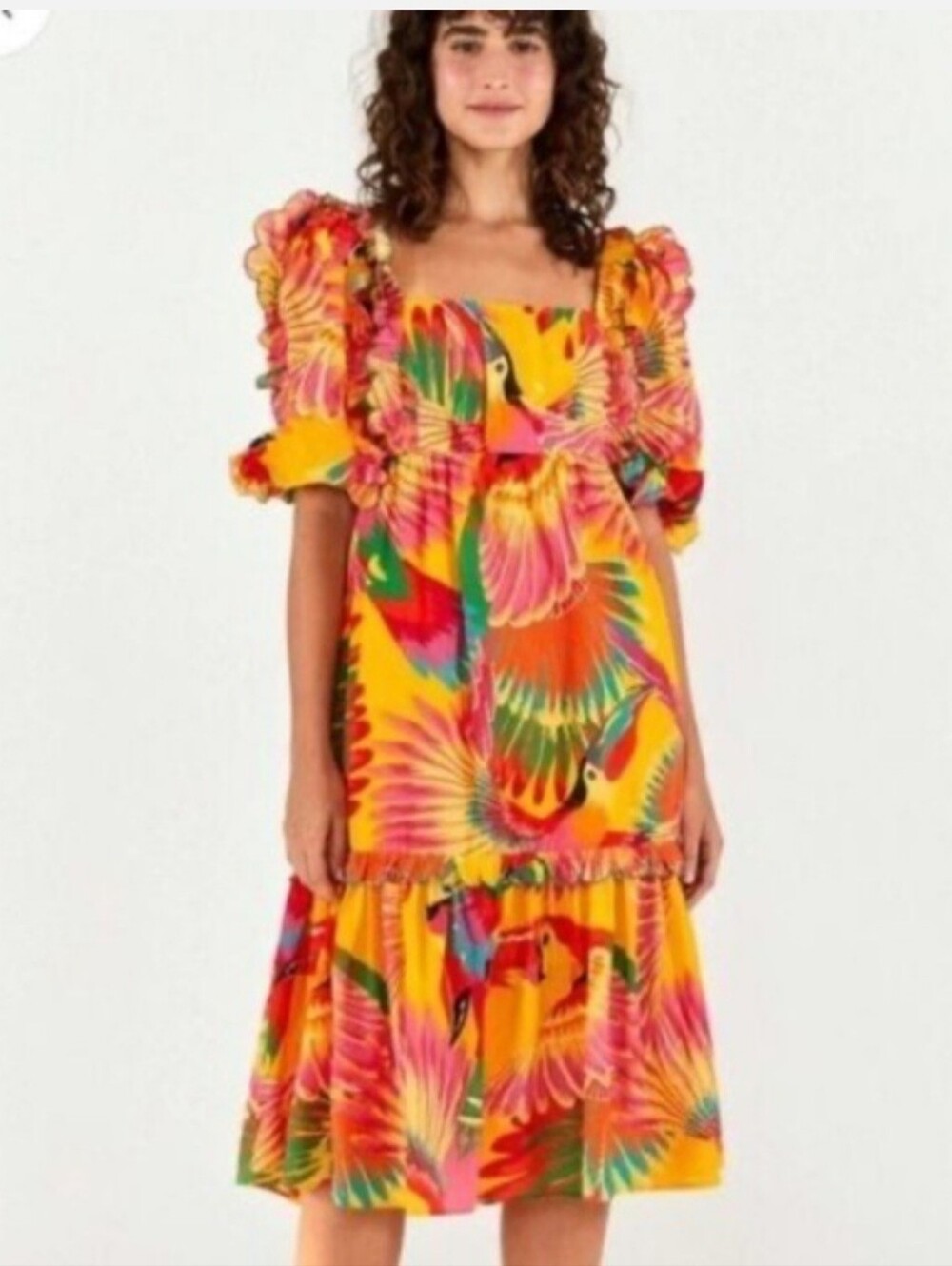 FARM RIO Colorful Toucans Scalloped Midi Dress Size Xs